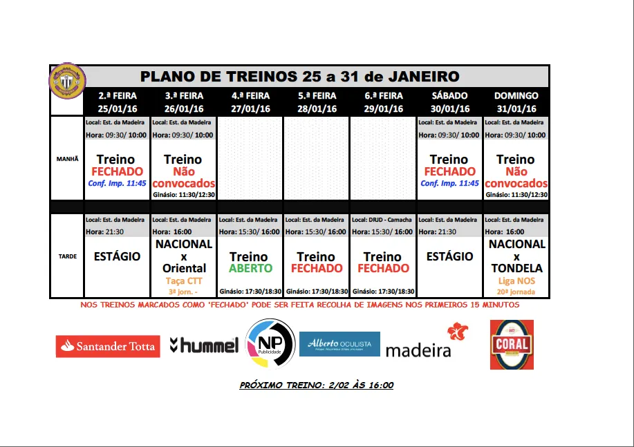 Plano de treinos 25 a 31 de janeiro